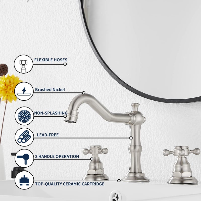 GGStudy Two Handles Three Holes Faucet 8-16 inch Widespread Bathroom Sink Faucet Brushed Nickel Basin Tap Mixer Faucet Matching Metal Pop Up Drain - Image 5